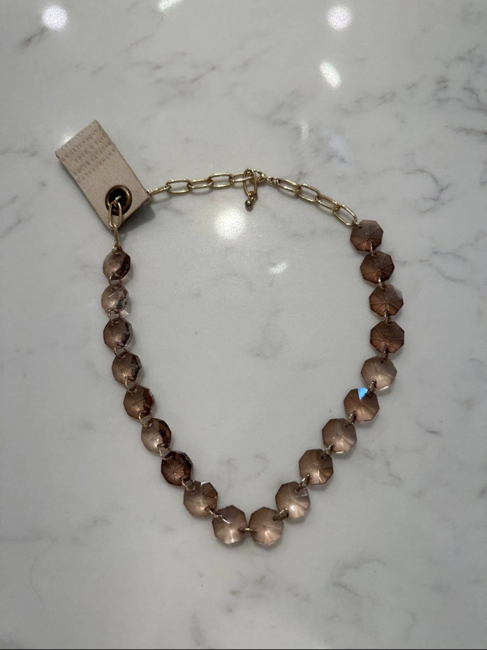 Anthropologie Faceted Taupe Crystal Necklace with Gold Chain